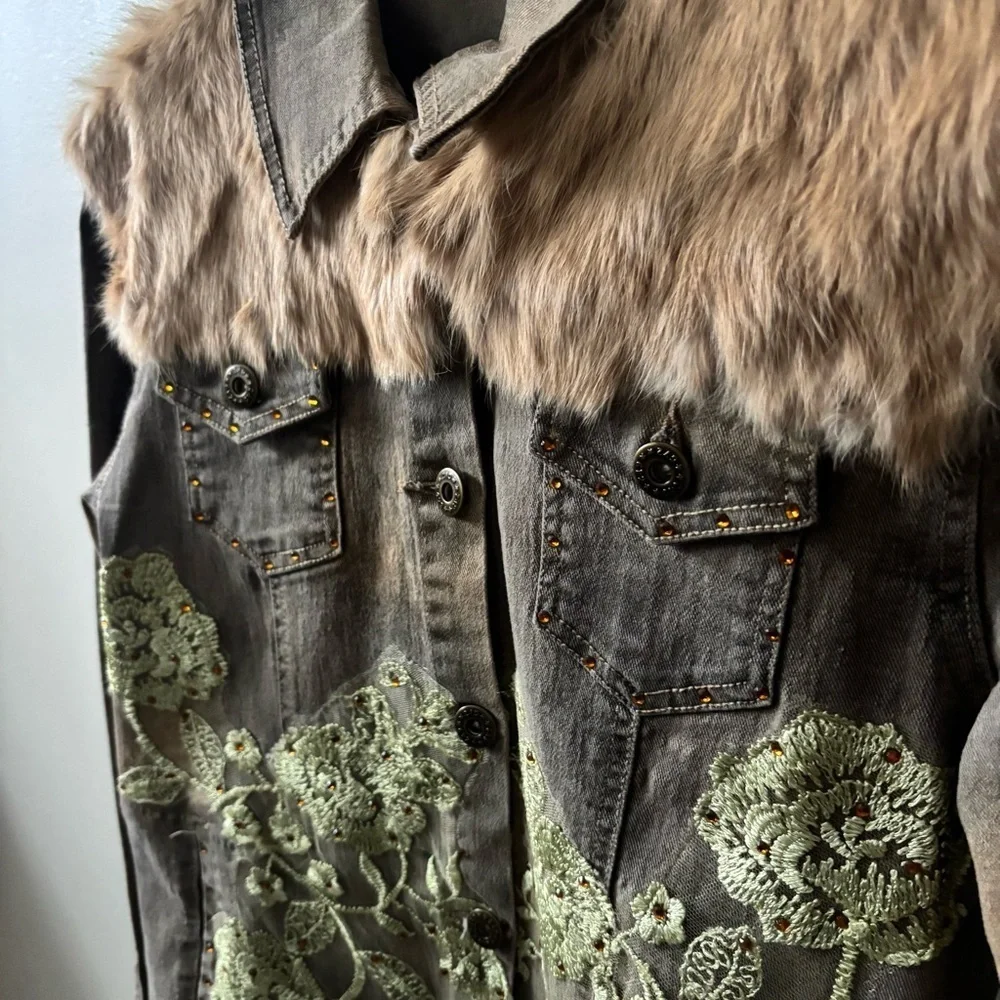 Hazel Button Up Jacket with Real Fur and Green Lace Detailing